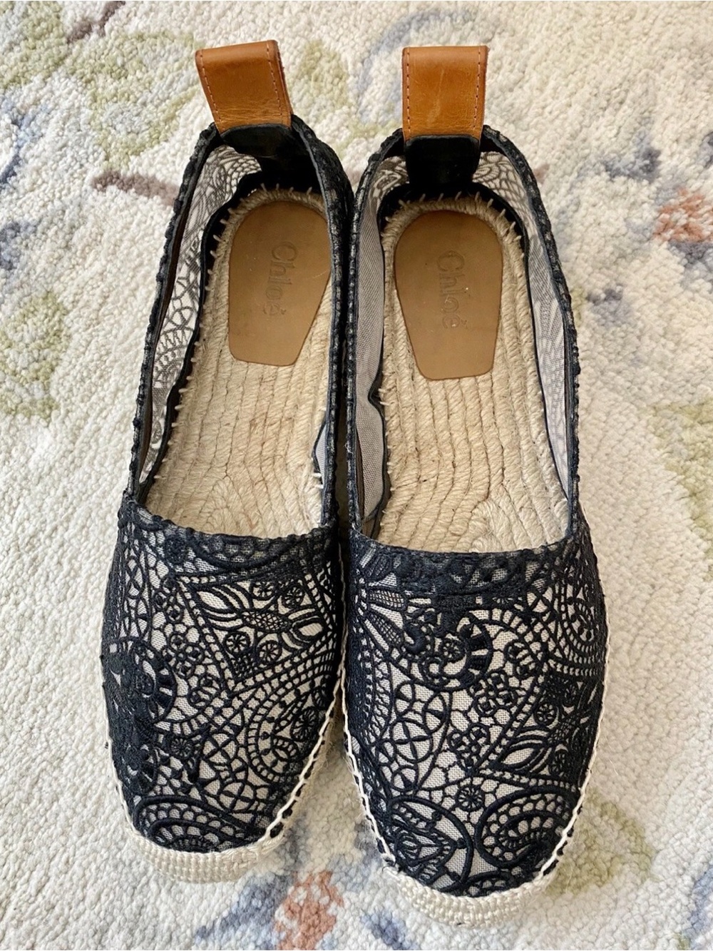 Chloe Black Lace Espadrille Flats with Tan Heel Tabs